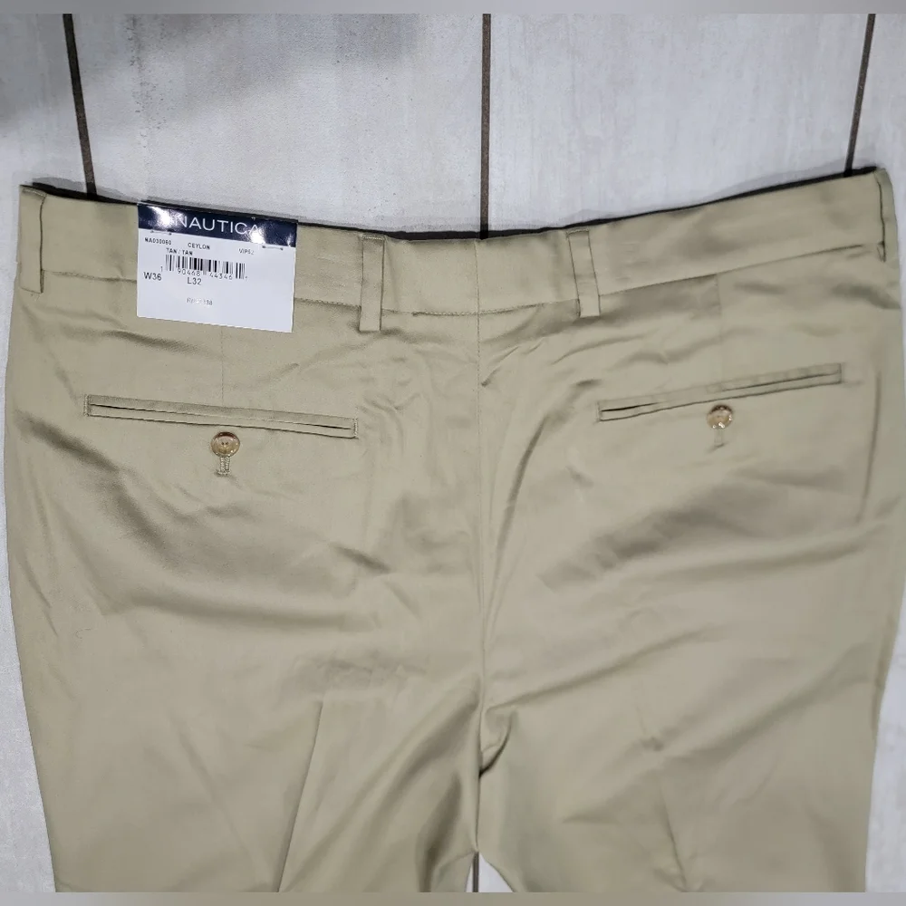 NAUTICA Men's Modern-Fit Ceylon Linen Solid Tan Khaki Dress Pants
